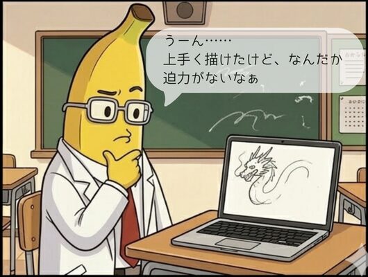 バナナ先生が顎に手を当てて、画面の竜を見ながら悩んでいる