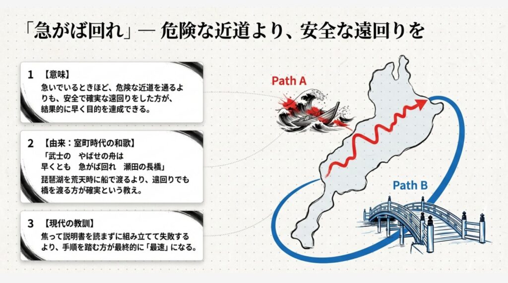 「急がば回れ」の意味と使い方