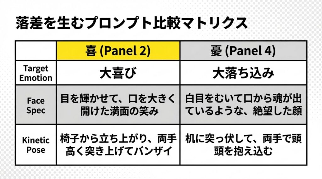 変動プロンプト（表情とポーズの指定）の比較表