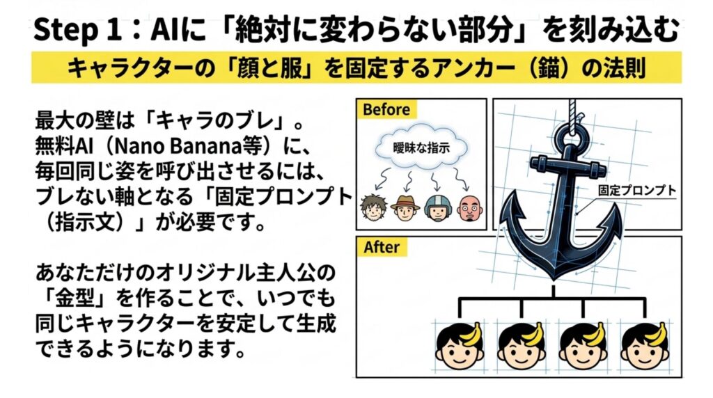 AIで主人公の「顔と服」を固定する