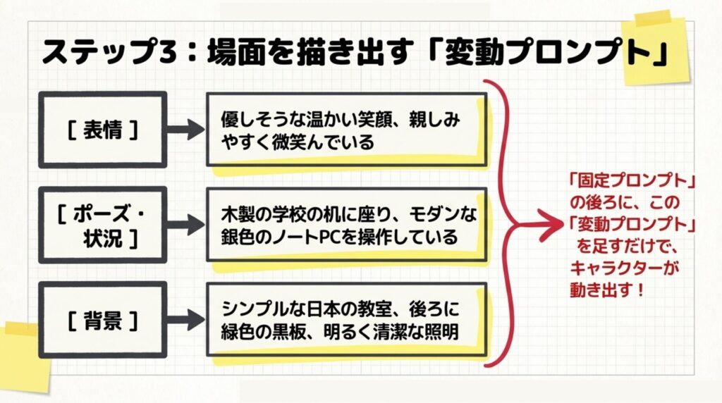 「変動プロンプト」を足してポーズを変える
